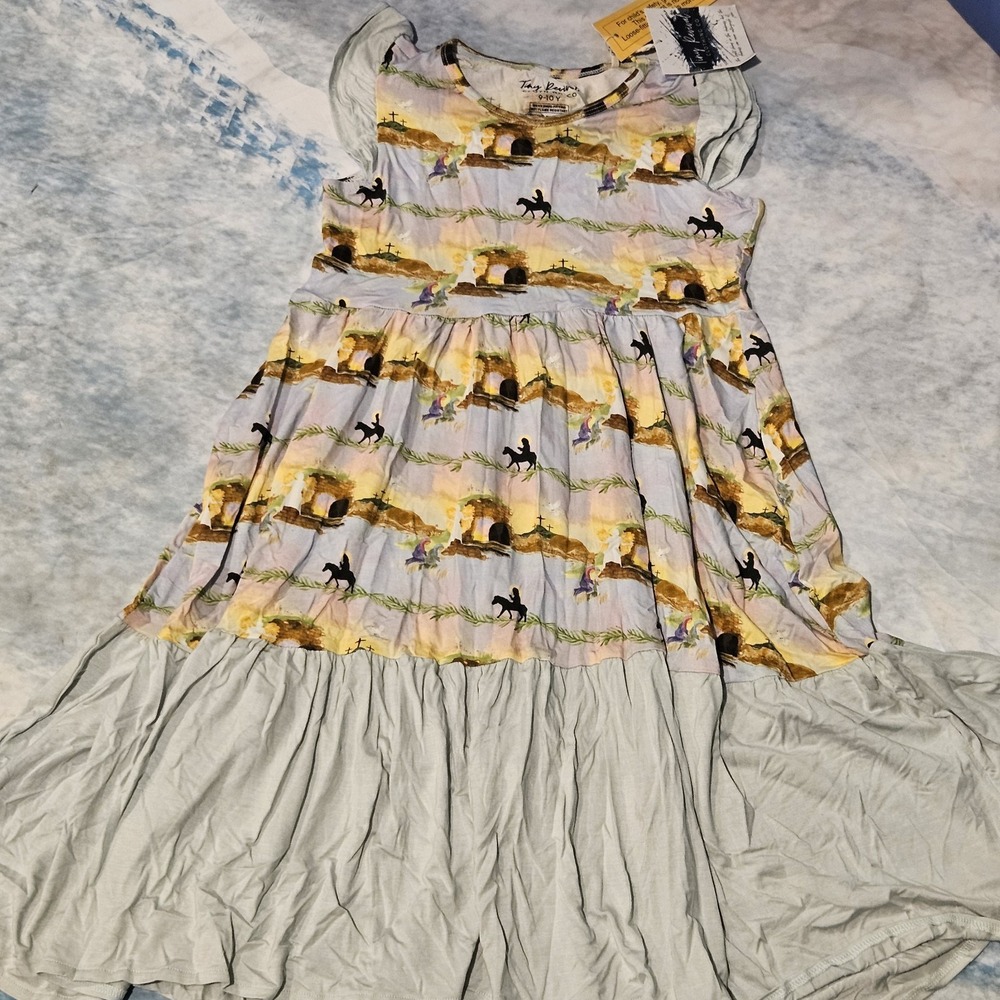 Tiny Revival Co He Is Risen Three Cross Christian Easter Hi-Low Dress Girls 9/10